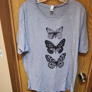 Gray and Blue Short Sleeve Relaxed Tee with Butterfly Design